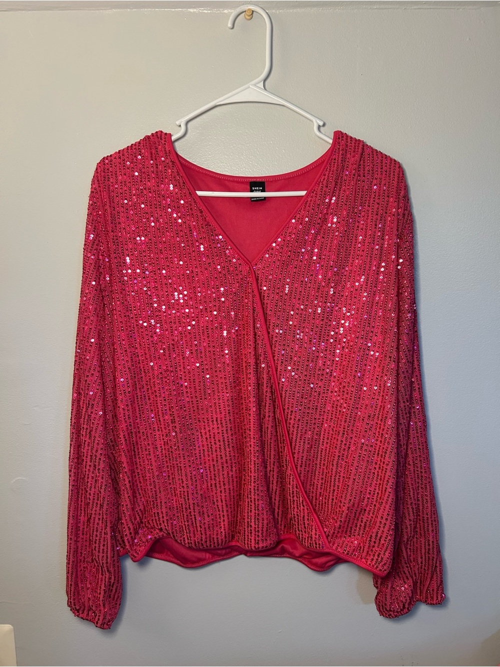 Women’s Sequined Pink V-Neck Long Sleeve Top